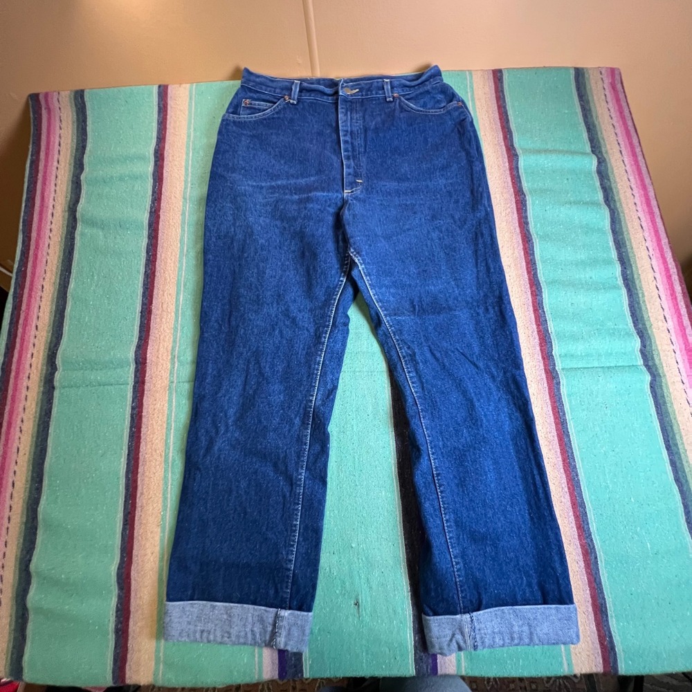 Lee Jeans Women 18 MED Blue Vintage High Waisted Straight Leg USA Made Cuffed